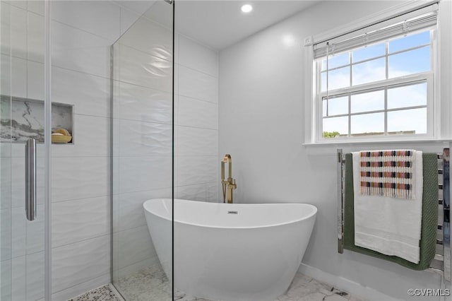 1716 First Colonial Ct, Richmond, VA 23231 - full bathroom with a freestanding bath, marble look tile flooring, recessed lighting, baseboards, and a shower stall