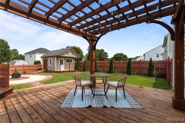 1716 First Colonial Ct, Richmond, VA 23231 - deck with an outdoor structure, a fire pit, and a pergola