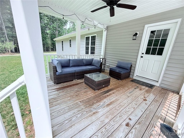 1205 Trimmers Shop Rd, West Point, VA 23181 - deck featuring a ceiling fan, outdoor lounge area, and a lawn
