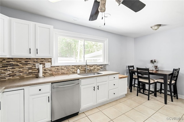 119 Monath Rd, Richmond, VA 23236 - kitchen featuring dishwasher, a ceiling fan, tasteful backsplash, and light tile patterned flooring