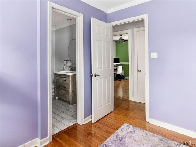 119 Monath Rd, Richmond, VA 23236 - hallway featuring ornamental molding, wood finished floors, and a desk
