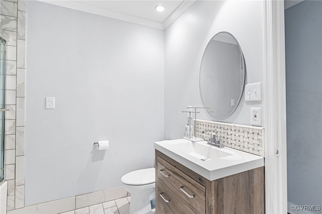 119 Monath Rd, Richmond, VA 23236 - bathroom with vanity, a shower with door, crown molding, and backsplash
