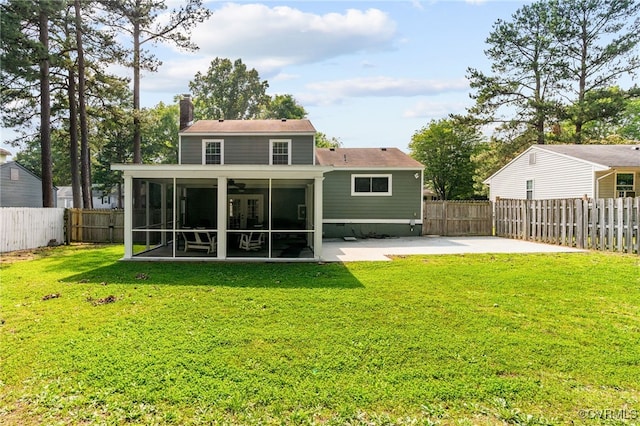 119 Monath Rd, Richmond, VA 23236 - back of property featuring a sunroom, a fenced backyard, a ceiling fan, a patio area, and a chimney