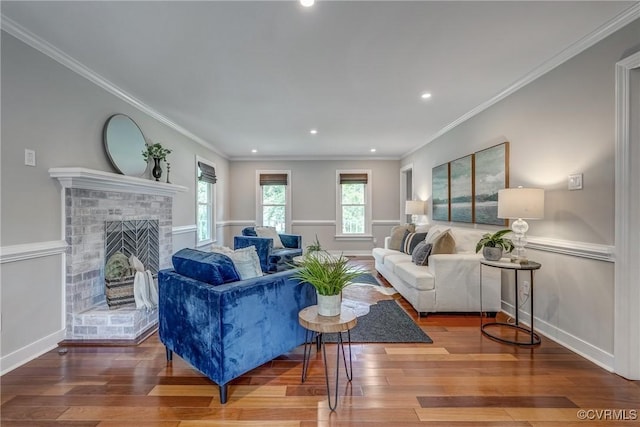 1537 Winbury Dr, Midlothian, VA 23114 - living area with wood finished floors, a fireplace, recessed lighting, and crown molding
