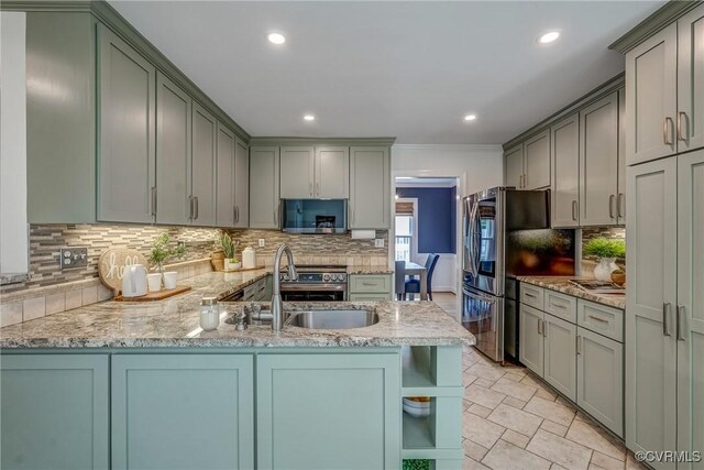 1537 Winbury Dr, Midlothian, VA 23114 - kitchen with appliances with stainless steel finishes, backsplash, a peninsula, open shelves, and recessed lighting
