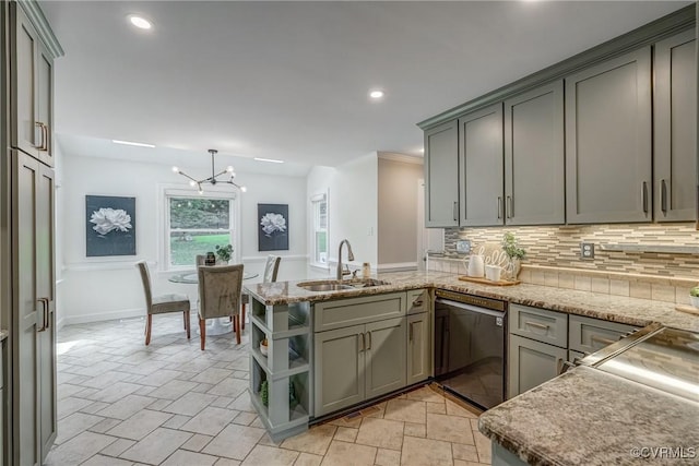 1537 Winbury Dr, Midlothian, VA 23114 - kitchen featuring dishwasher, open shelves, decorative backsplash, a chandelier, and recessed lighting