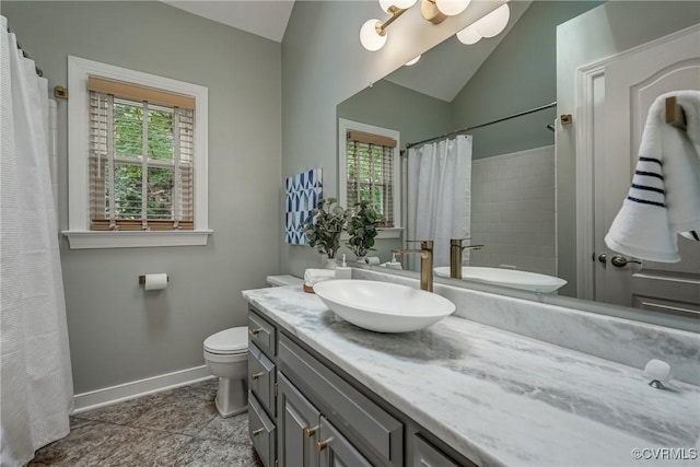 1537 Winbury Dr, Midlothian, VA 23114 - full bath with vanity, vaulted ceiling, tile patterned floors, and a shower with shower curtain