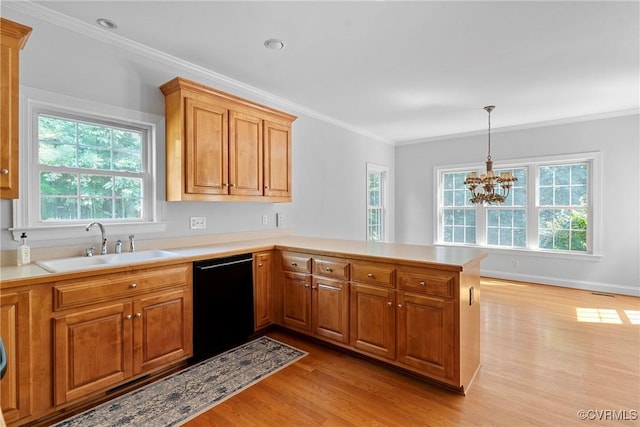 12055 Hadden Hall Dr, Chesterfield, VA 23838 - kitchen with dishwasher, light wood-style flooring, plenty of natural light, light countertops, and crown molding