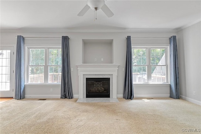 12055 Hadden Hall Dr, Chesterfield, VA 23838 - unfurnished living room with carpet, healthy amount of natural light, ceiling fan, and crown molding