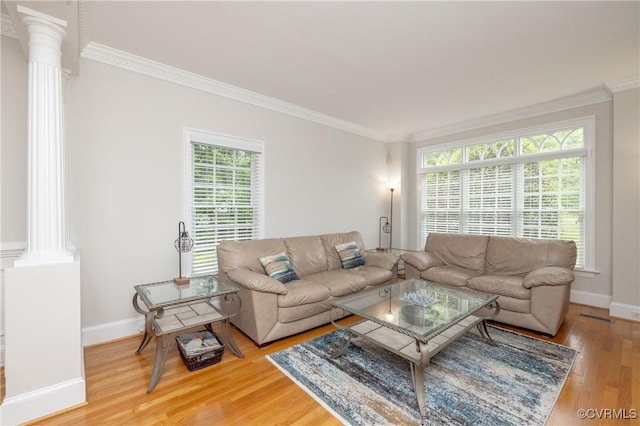 11407 Timber Point Dr, Chesterfield, VA 23838 - living room featuring decorative columns, wood finished floors, crown molding, and baseboards