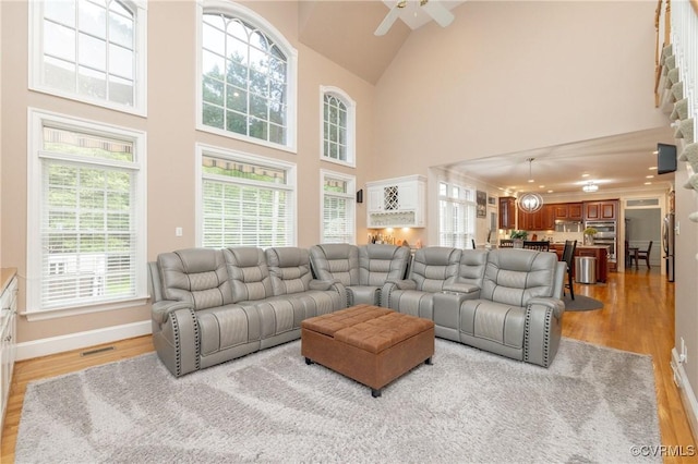 11407 Timber Point Dr, Chesterfield, VA 23838 - living room with light wood finished floors, ceiling fan, high vaulted ceiling, baseboards, and crown molding