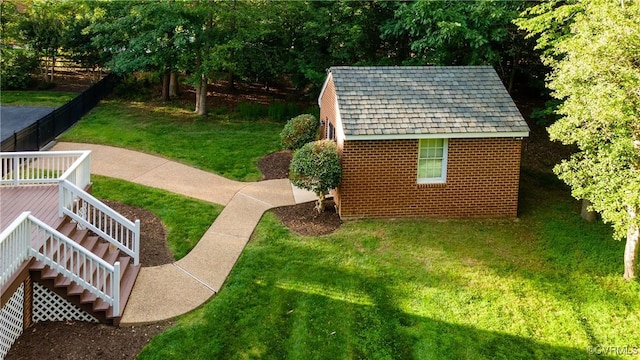 11407 Timber Point Dr, Chesterfield, VA 23838 - view of green lawn with stairs, an outdoor structure, and a deck