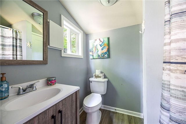 16701 Jolly Rd, Prince George, VA 23842 - full bath featuring lofted ceiling, toilet, vanity, wood finished floors, and curtained shower
