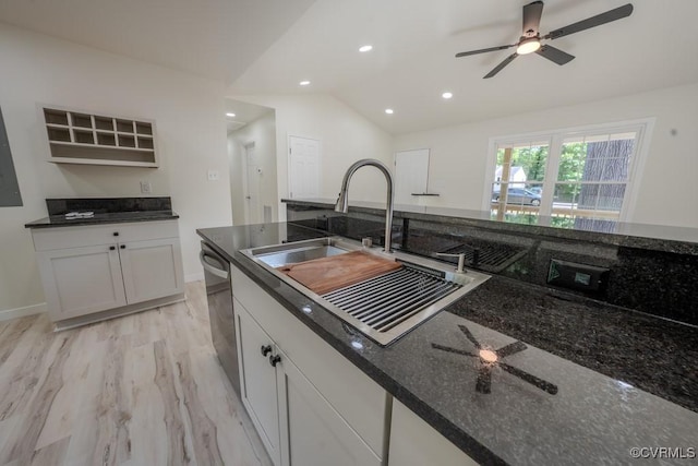 1602 Eden Ave, Henrico, VA 23231 - kitchen featuring a sink, dishwasher, a ceiling fan, dark stone counters, and lofted ceiling