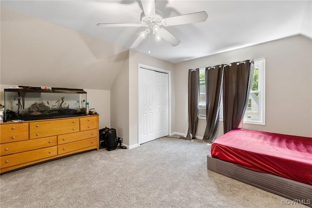 12912 Cottage Mill Pl, Midlothian, VA 23114 - bedroom with vaulted ceiling, light colored carpet, a closet, baseboards, and ceiling fan