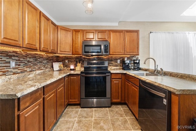12912 Cottage Mill Pl, Midlothian, VA 23114 - kitchen featuring stainless steel appliances, a sink, brown cabinets, decorative backsplash, and light tile patterned floors