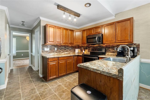 12912 Cottage Mill Pl, Midlothian, VA 23114 - kitchen featuring electric stove, stainless steel microwave, a sink, decorative backsplash, and brown cabinetry