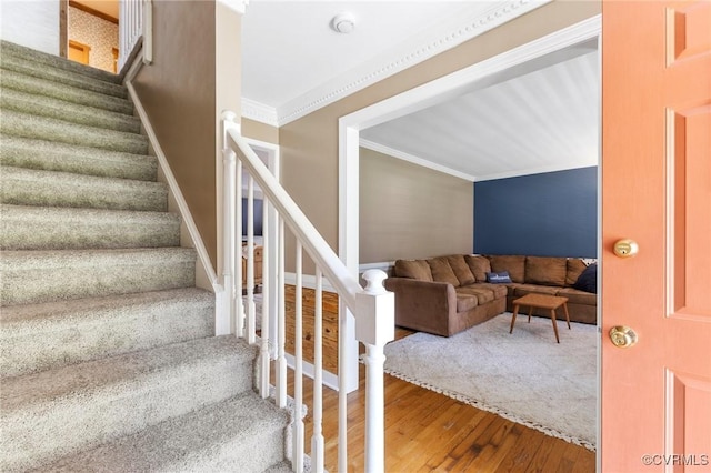 12912 Cottage Mill Pl, Midlothian, VA 23114 - staircase with hardwood / wood-style flooring and crown molding