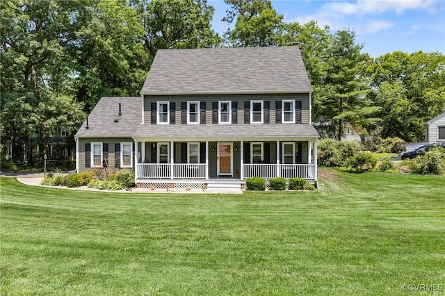 12912 Cottage Mill Pl, Midlothian, VA 23114 - colonial home featuring covered porch, a front yard, and view of wooded area