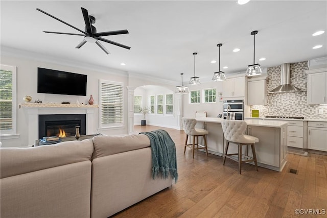 6800 Alabaster Ln, Chesterfield, VA 23234 - living room with a glass covered fireplace, ornate columns, recessed lighting, ceiling fan, and plenty of natural light