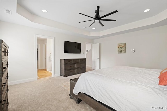 6800 Alabaster Ln, Chesterfield, VA 23234 - bedroom with a raised ceiling, light carpet, baseboards, recessed lighting, and a ceiling fan