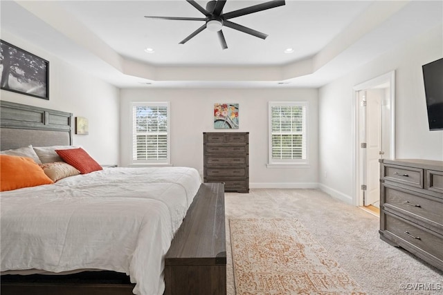 6800 Alabaster Ln, Chesterfield, VA 23234 - bedroom featuring a tray ceiling, light colored carpet, baseboards, multiple windows, and recessed lighting