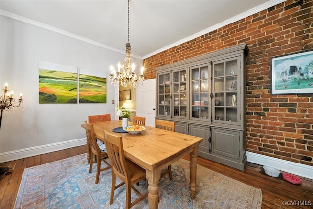 323 N 27th St, Richmond, VA 23223 - dining space featuring a chandelier, ornamental molding, wood-type flooring, and brick wall
