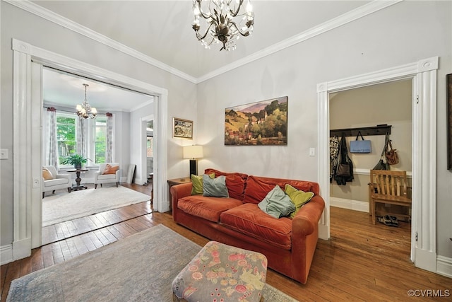 323 N 27th St, Richmond, VA 23223 - living area with a chandelier, hardwood / wood-style flooring, and ornamental molding
