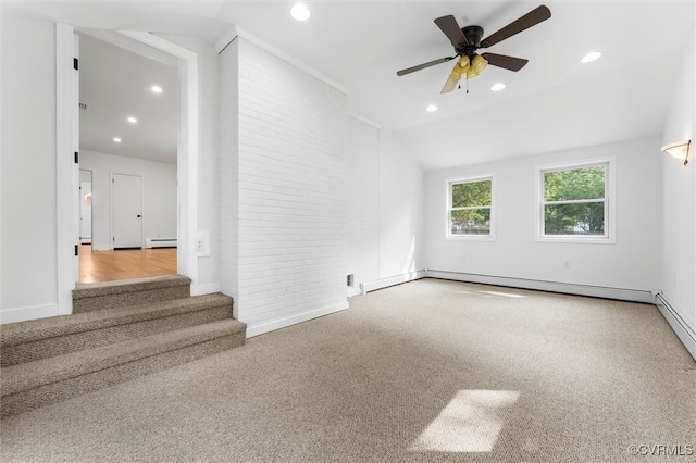 602 Trellis Ln, Henrico, VA 23075 - carpeted spare room featuring a baseboard heating unit, ceiling fan, baseboards, brick wall, and recessed lighting