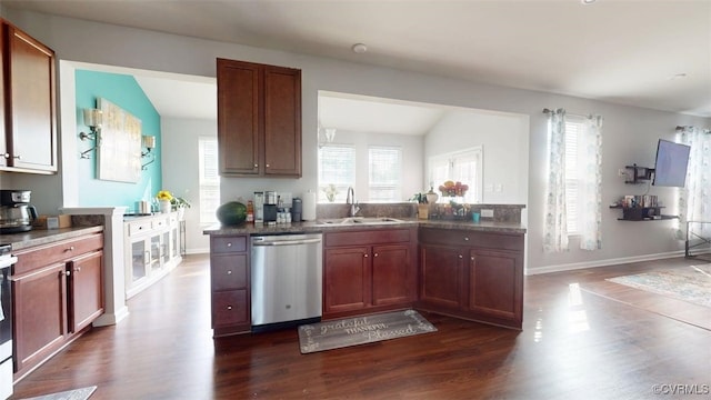 5324 Sandy Ridge Ct, Chesterfield, VA 23832 - kitchen with dishwasher, a sink, dark wood-style flooring, dark countertops, and baseboards