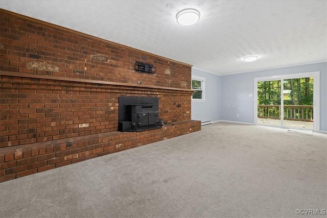 4200 Esposito Pl, Prince George, VA 23875 - unfurnished living room with a wood stove, carpet, a textured ceiling, baseboards, and ornamental molding