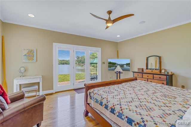 241 Tranquility Rd, Reedville, VA 22539 - bedroom with access to exterior, light wood-style floors, ornamental molding, ceiling fan, and recessed lighting