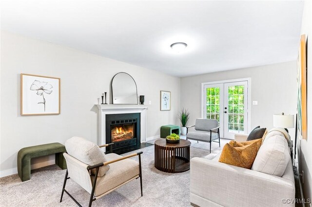 4381 Three Bridge Rd, Powhatan, VA 23139 - living area featuring a fireplace with flush hearth, carpet, and baseboards