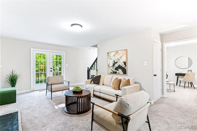 4381 Three Bridge Rd, Powhatan, VA 23139 - living room with carpet floors, stairway, baseboards, and french doors