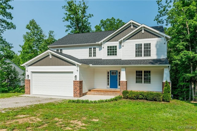15606 Corte Castle Ter, Chesterfield, VA 23838 - craftsman house with driveway, a garage, covered porch, a front lawn, and brick siding