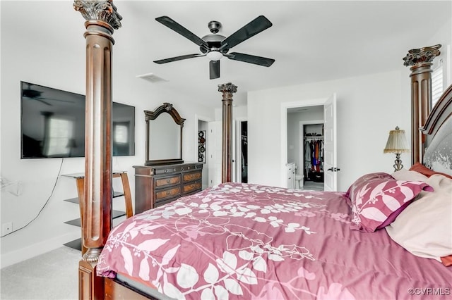 15606 Corte Castle Ter, Chesterfield, VA 23838 - carpeted bedroom featuring ornate columns, a walk in closet, a closet, and ceiling fan