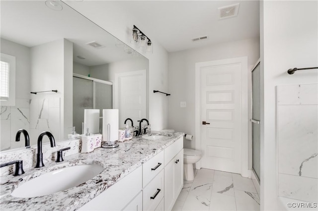 15606 Corte Castle Ter, Chesterfield, VA 23838 - full bathroom featuring marble look tile flooring, a shower stall, double vanity, and toilet