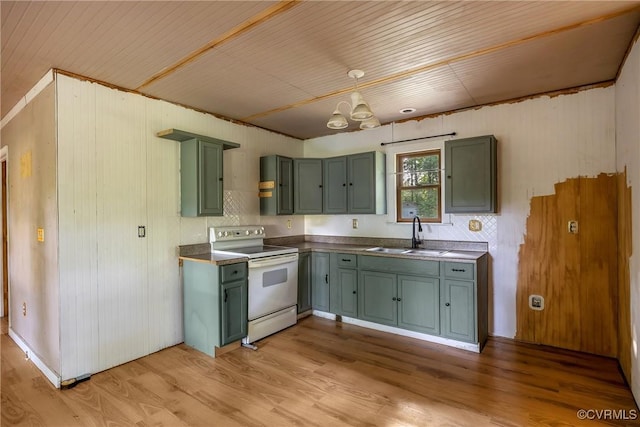 3966 Holts Ln, Saluda, VA 23149 - kitchen featuring white electric stove, a sink, green cabinetry, light wood-style flooring, and wooden ceiling