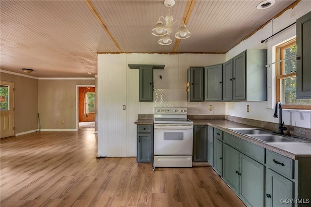 3966 Holts Ln, Saluda, VA 23149 - kitchen with white electric range, a sink, a chandelier, healthy amount of natural light, and wood ceiling