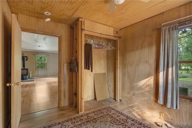 3966 Holts Ln, Saluda, VA 23149 - bathroom with wooden walls, a wood stove, wood ceiling, wood finished floors, and ceiling fan