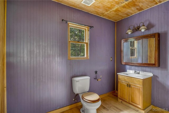 3966 Holts Ln, Saluda, VA 23149 - half bath featuring vanity, toilet, wood finished floors, wood ceiling, and wood walls