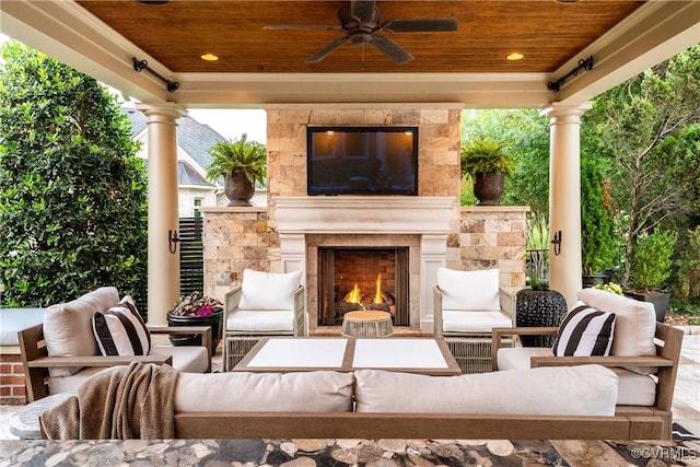 11905 Lerade Ct, Glen Allen, VA 23059 - view of patio with an outdoor living space with a fireplace and a ceiling fan