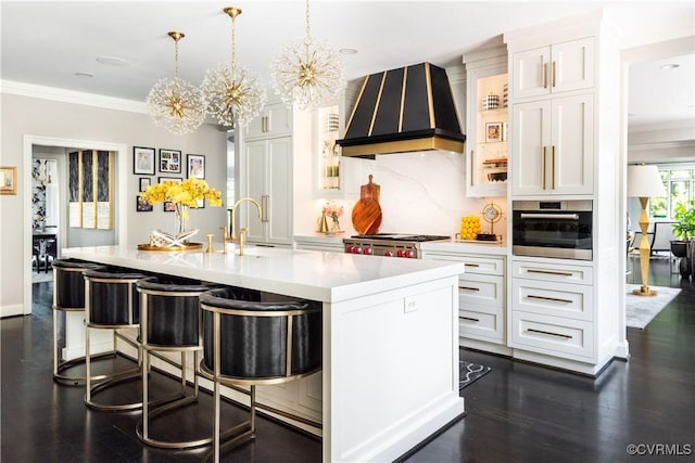 11905 Lerade Ct, Glen Allen, VA 23059 - kitchen with custom range hood, light countertops, oven, white cabinetry, and a chandelier