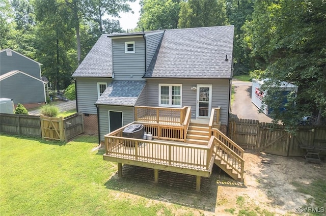 7313 Key Deer Cir, Midlothian, VA 23112 - rear view of house with a shingled roof, a wooden deck, a gate, and stairs