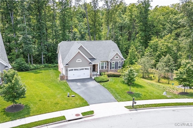 1012 Water Beech Rd, Midlothian, VA 23114 - view of front of home featuring asphalt driveway, a front lawn, an attached garage, and a view of trees