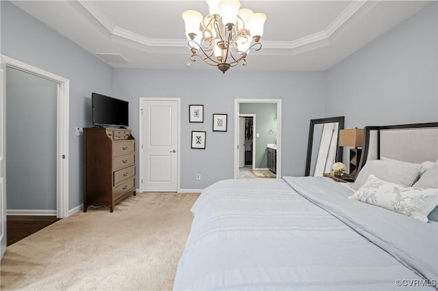1012 Water Beech Rd, Midlothian, VA 23114 - bedroom featuring a tray ceiling, light colored carpet, a chandelier, baseboards, and crown molding