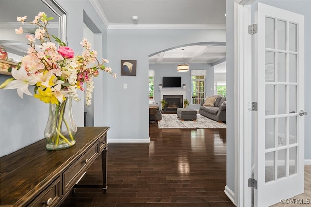 1012 Water Beech Rd, Midlothian, VA 23114 - hallway featuring arched walkways, coffered ceiling, hardwood / wood-style flooring, beamed ceiling, and baseboards