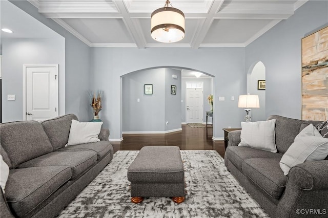 1012 Water Beech Rd, Midlothian, VA 23114 - living room featuring arched walkways, dark wood finished floors, beamed ceiling, coffered ceiling, and baseboards