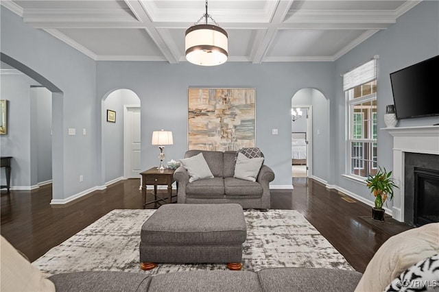 1012 Water Beech Rd, Midlothian, VA 23114 - living room featuring arched walkways, coffered ceiling, wood finished floors, beam ceiling, and a glass covered fireplace