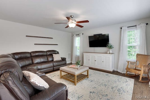 328 Peregrine Pl, Louisa, VA 23093 - living area featuring a ceiling fan, healthy amount of natural light, and wood finished floors